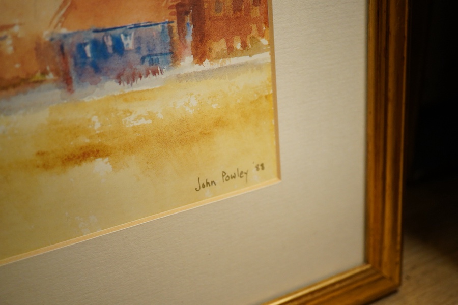 John Powley (Wapping Group, 1929-2018), a collection of six watercolours to include: ‘Mistley, Essex’, ‘Oast Houses, Pembury, Kent’ and ‘The Mill at Holbrook, Suffolk’, each signed and dated '88, 24 x 34cm